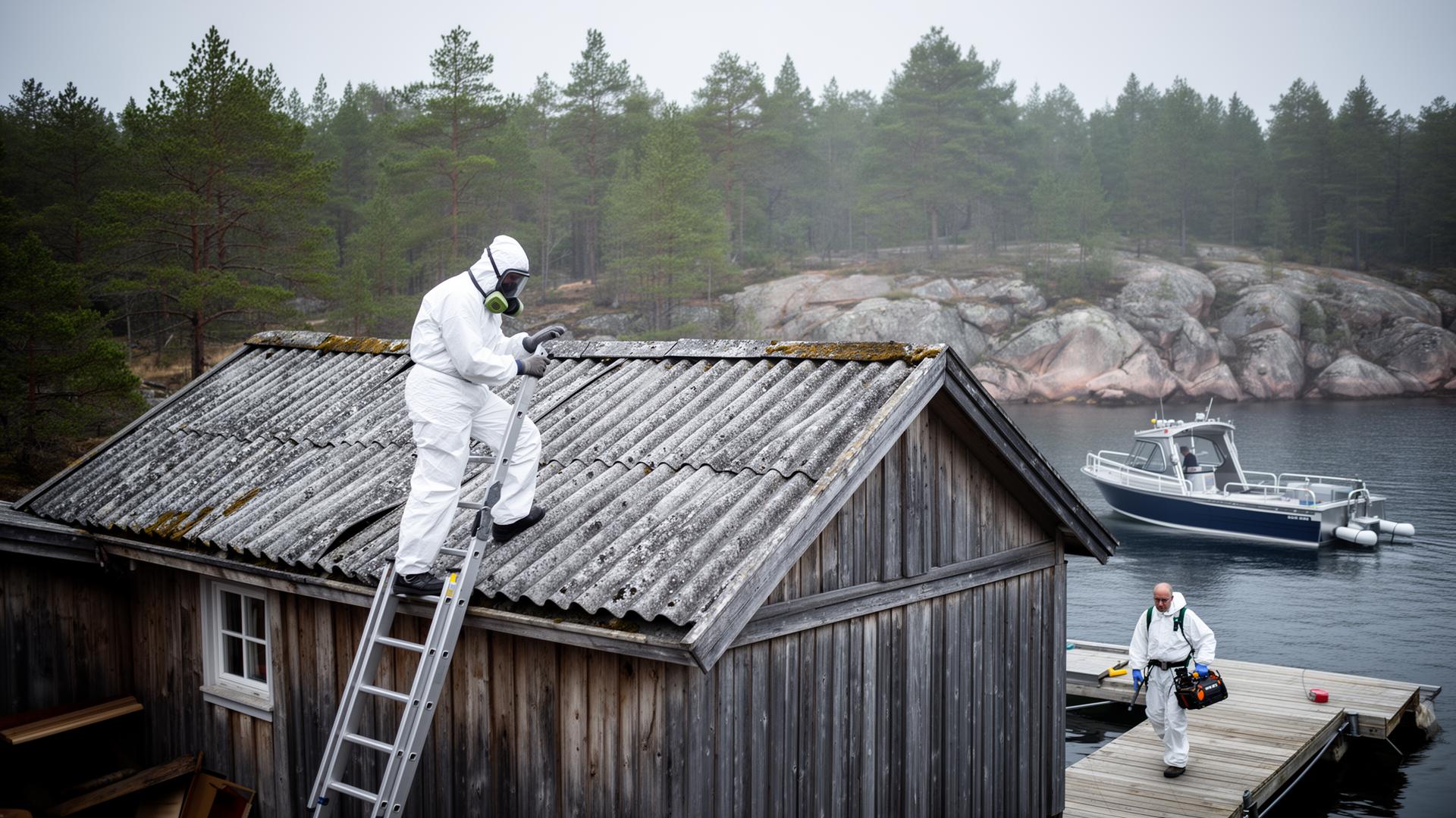 Saneringstekniker i skyddsdräkt på eternittak vid skärgårdsfastighet i Värmdö, arbetsbåt vid brygga