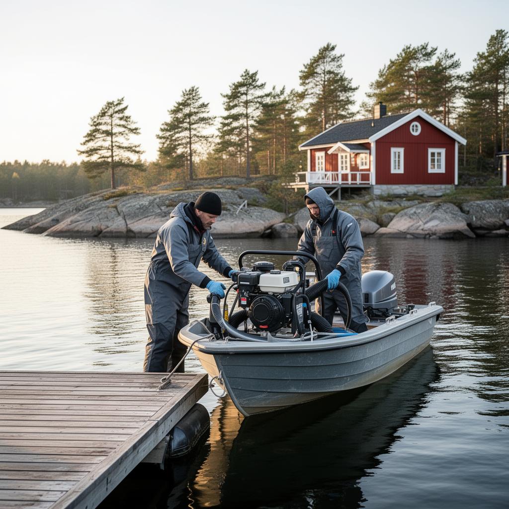 Saneringstekniker lastar av utrustning från arbetsbåt vid brygga i Värmdö skärgård